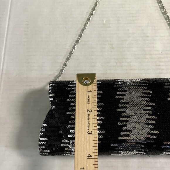 Jessica McClintock Black Sequin Handbag Clutch‎ Purse Chain Shoulder Strap - Picture 8 of 11